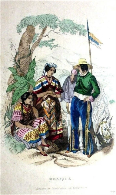 MEXICO: Mechouacan Guerrillos in Costumes (19th Century) - Color Engraving