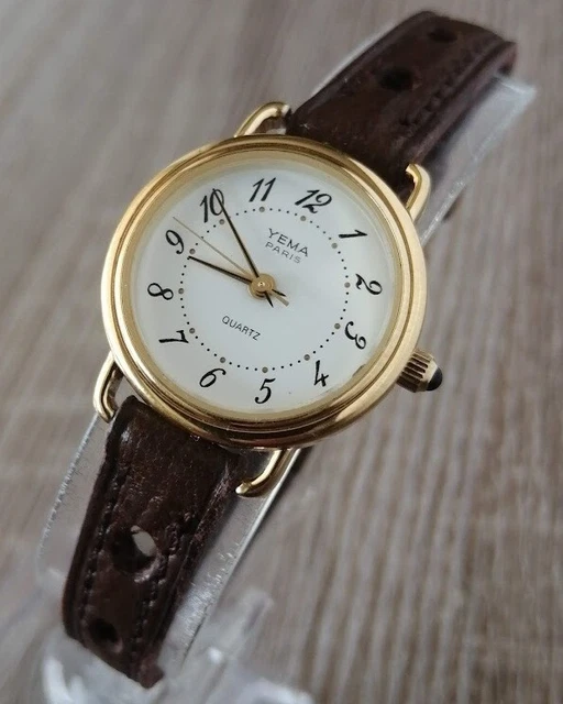 Montre Homme Vintage YEMA Quartz - Boîtier Plaqué Or, Cadran Blanc, Bracelet Cuir Noir 18mm