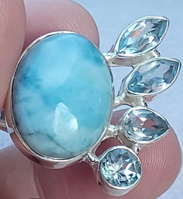 Stunning HUGE Blue Larimar & Blue Topaz Sterling Silver Statement Ring Size 6.5