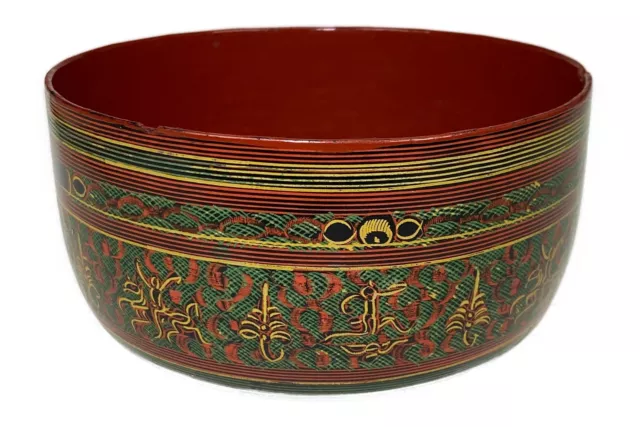 Burmese Red Lacquer Water Cup Bowl Painted Bird Vtg Lacquerware Asian