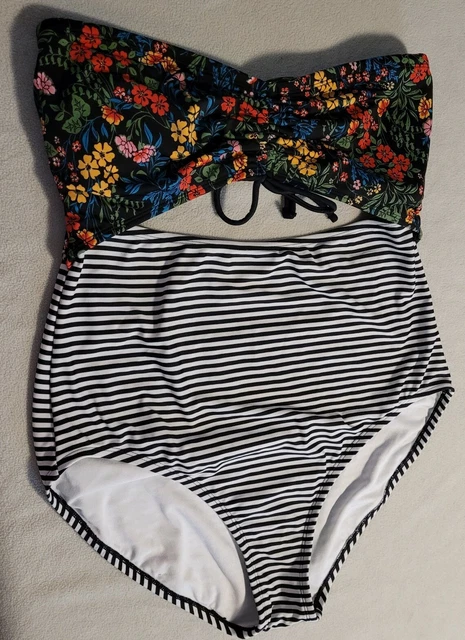 Bathing Suit Faux Two Piece XL 16-18 Floral Black White Stripe Strapless Open