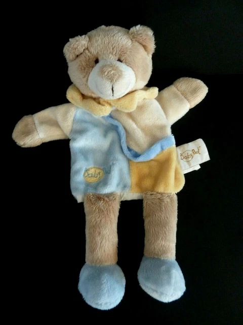 *. Doudou Peluche Marionnette Baby Nat Ours Beige Bleu Blanc Jaune - Excell Etat