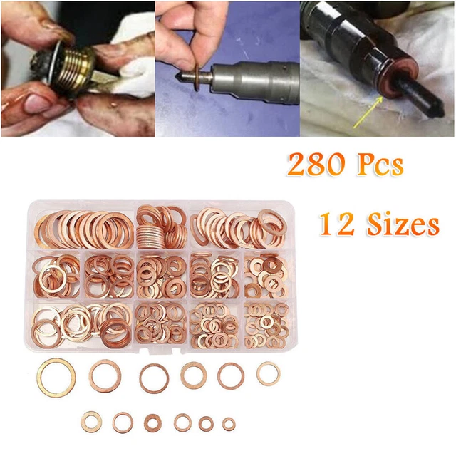 280PCS 12 Sizes Car Solid Copper Crush Washers Assorted Seal Flat Ring Fittings