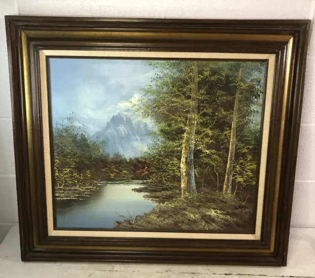 Original Oil On Canvas Painting Mountain Forest Woods Trees Stream Water Scene