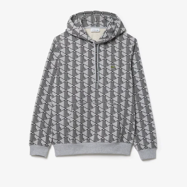 Hoodie Lacoste Mens Grey Pullover Top With Monogram Logo - Size XL