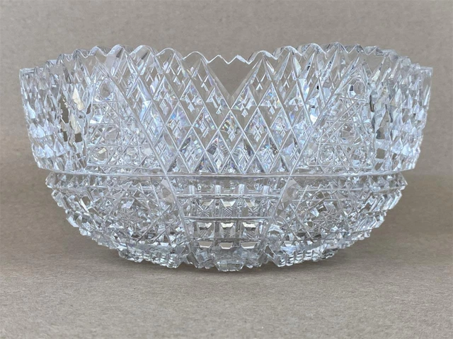 Antique Victorian American Brilliant Glass ABP Cut Crystal Hobstar 8" Bowl Dish 2