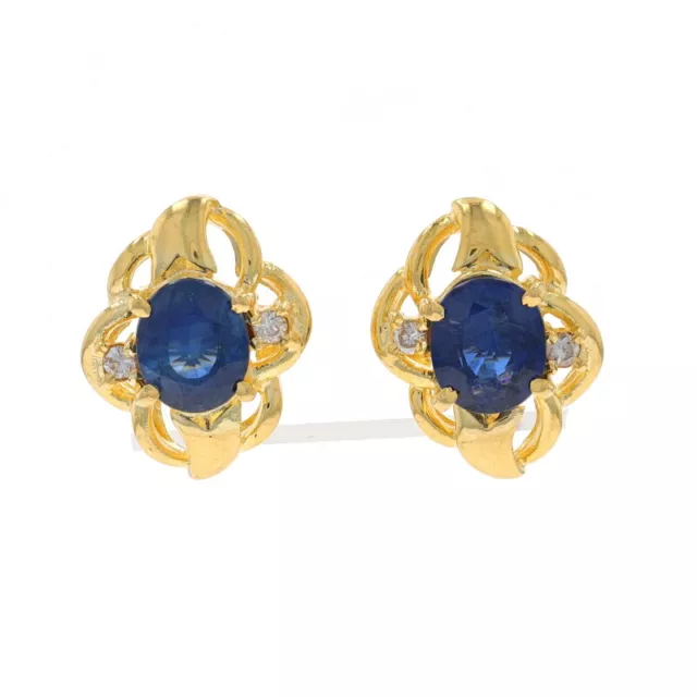 Saphir or Jaune & Diamant Boucles D'Oreilles - 18k Ovale 1.66ctw Percé