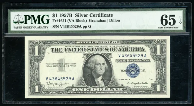 Fr 1621, 1957B $1 Silver Certificate (VA Block) PMG 65 EPQ GEM UNC