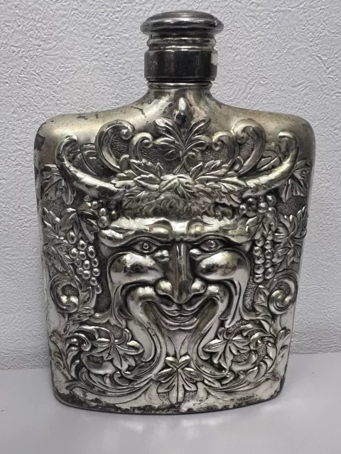 Godinger Silver Plated Bacchus Ornate Metal Whiskey Flask 6" Dionysus Greek God