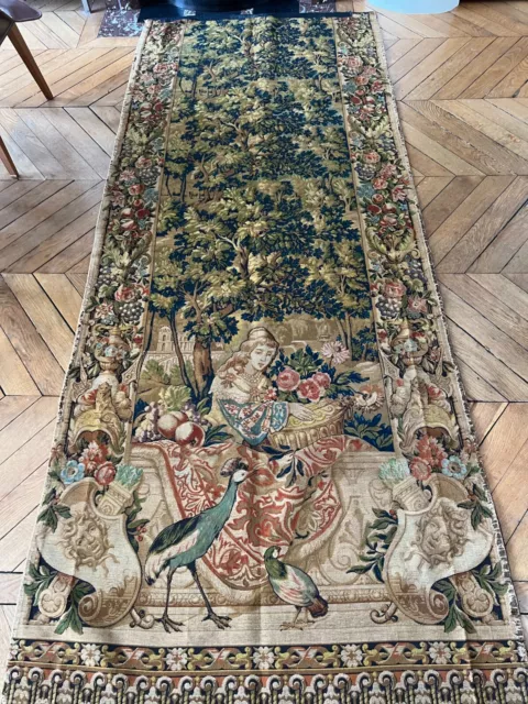Grande Tapisserie Murale Verdure Paon Mascaron Style Aubusson 3 x 1,20 mètres