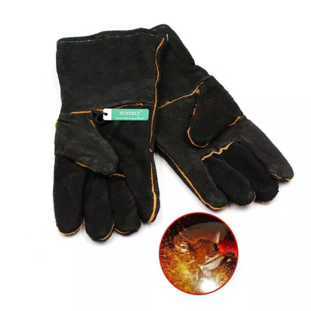 HEAVY DUTY Wood Burner Welding Heat Resistant Leather Gloves Stoves Fire Black