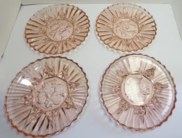 Vintage Federal Pink Depression Glass Plate Fruit Star Pattern Set of 4 Heavy 8" 3