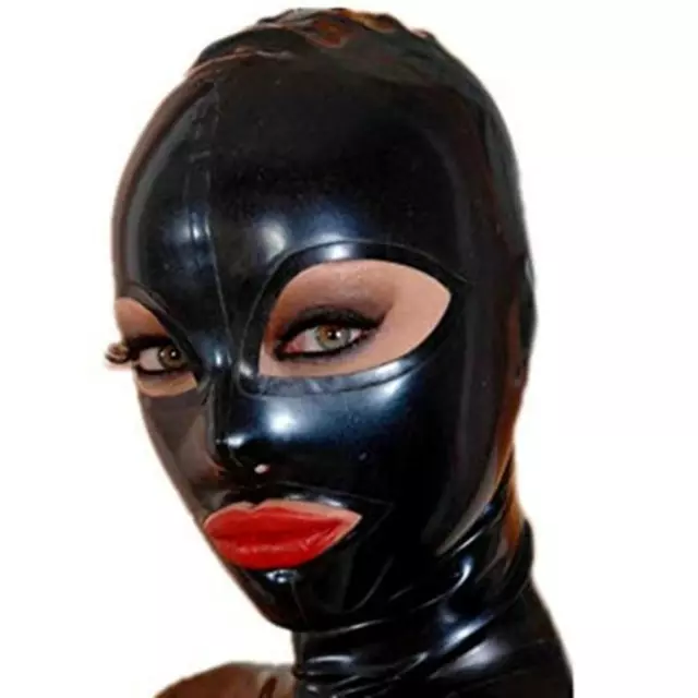 Open Eyes Mouth Latex Hood Back Zipper Black Beautiful Girl Rubber Mask Cosplay