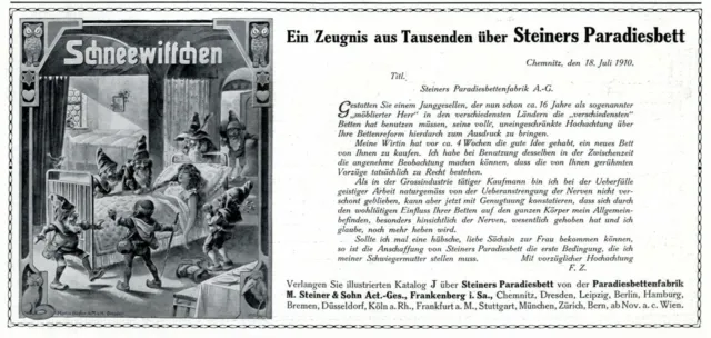 Bettenfabrik Steiner Frankenberg Reklame 1910 Schneewittchen 7 Zwerge Märchen