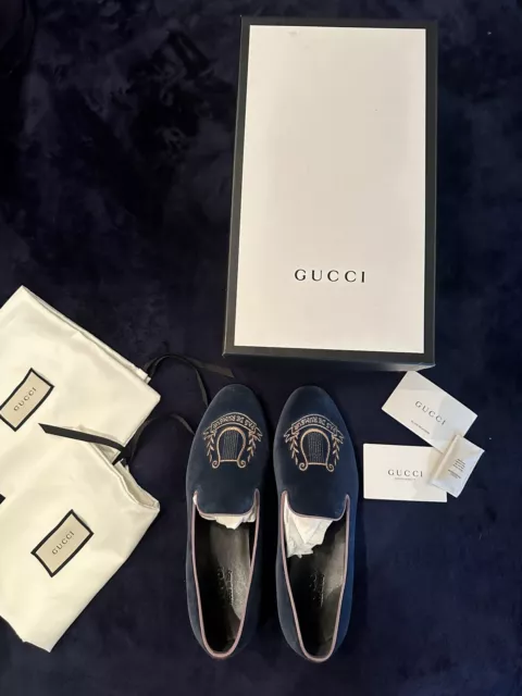 Gucci Men's Velvet Loafer Blue Gold Embroidered Size/42IT/8.5US Made In Italy!