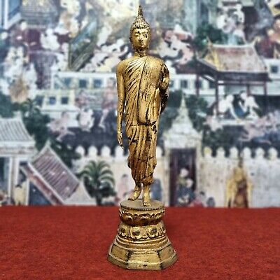 22" Gold Gilded Thailand Antique Walking Buddha Statue Bronze Standing Buddha