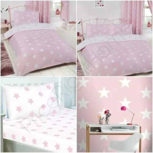 Rosa Blanco Stars Dormitorio - Cortinas/Funda de Edredón/Sábana Bajera/Pintado