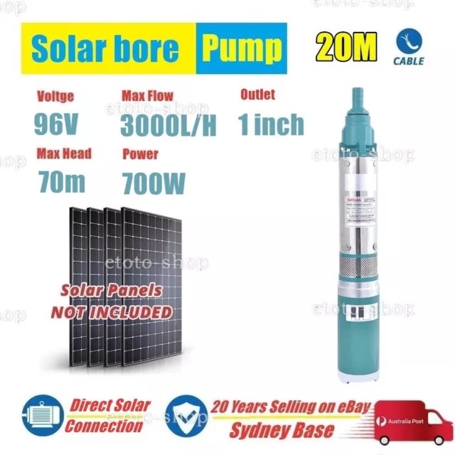 700W 96V SOLAR SUBMERSIBLE DEEP WELL BORE PUMP 70M Head + 20M Cable