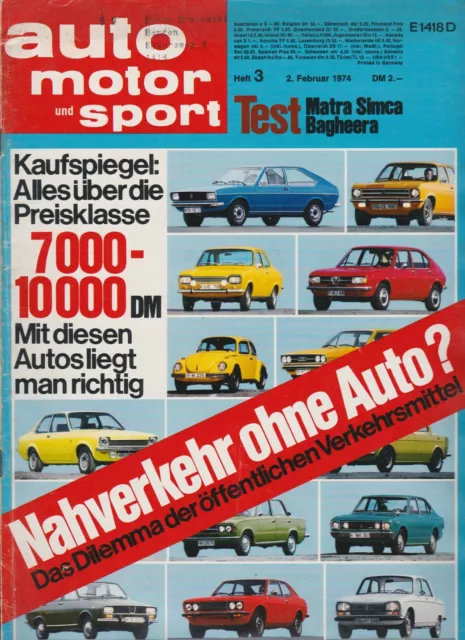 auto motor sport Heft 3 Februar 1974 Test Matra Simca Bagheera VW 412 VW Golf