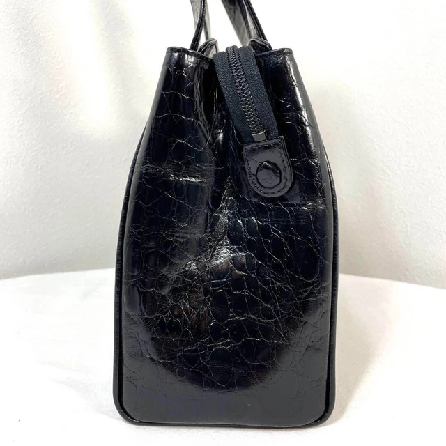 Rare Longchamp Leather Handbag Tote Bag Croc Embossed with Gold Charm Black 4