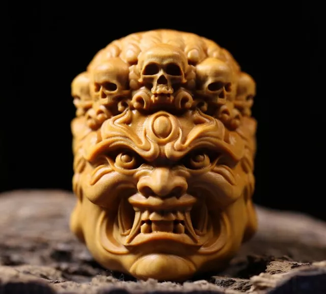 Natural Boxwood Carving Netsuke Vidyaraja Figurines Skull Statues Art Pendant