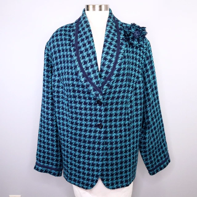 JMS Collection Navy Peacock Blue Jacket Plus Size 30W Flower Pin Braided Trim