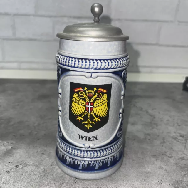 Original King Austria Handmalerei Pewter Lidded Stein Innsbruck Handpainted VG