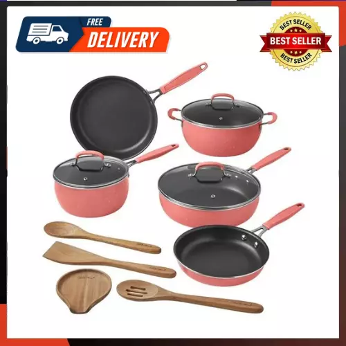 The Pioneer Woman Pots and Pans Set Nonstick 12pcs Kitchen Cookware Sets Coral