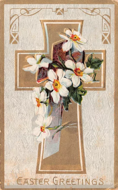 Antique Easter Card Large Cross Gilded Wood Grain Poet Daffodil Vtg Postcard B47