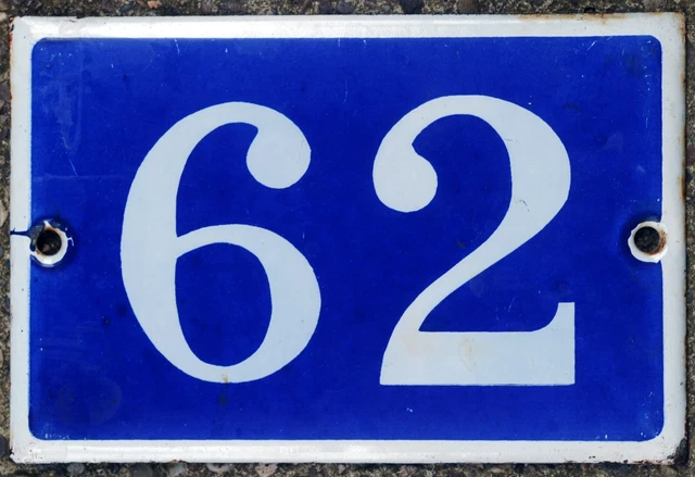 Old blue French house number 62 door gate plate plaque enamel steel metal sign