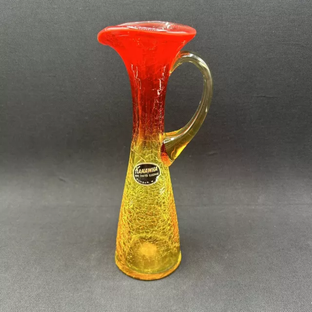 Kanawha Hand Crafted Glassware Amberina Crackle Glass Pitcher GLOWS 8”