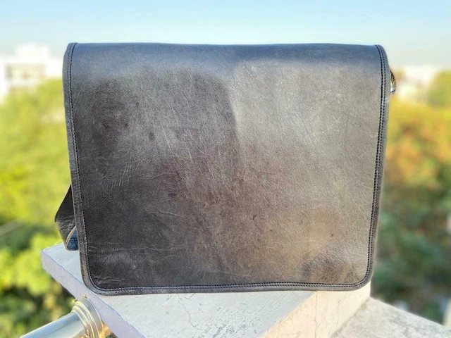 Leather Cross body Messenger Laptop Bag BLACK Leather Satchel Men's Women's Bag
