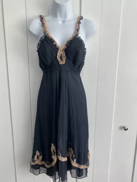 Rebecca Taylor Size 6 Silk Crepe Ruffle Lace Dress Belted Smoke Blue Below Knee