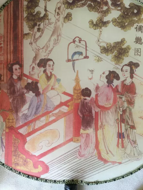 Japanese Stretched Silk Screen Uchiwa Paddle Fan Beautiful Women Child Bird