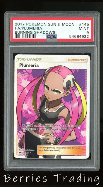 2017 Pokemon Sun & Moon Full Art Plumeria PSA 9 Mint Burning Shadows Trainer 145