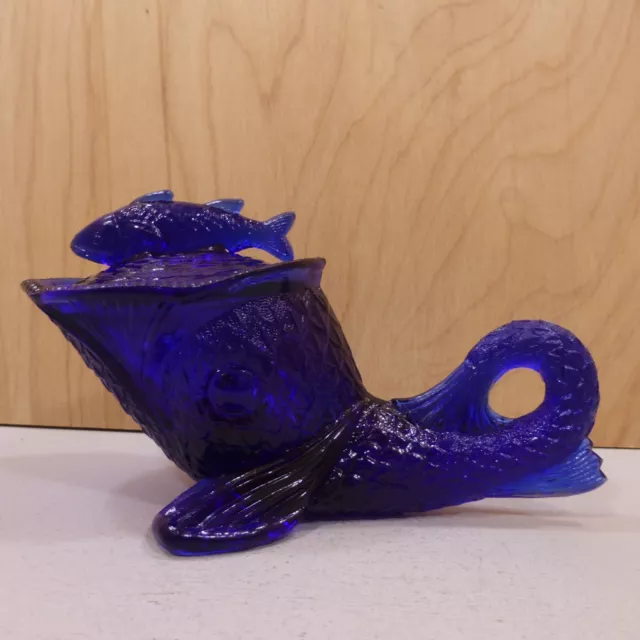 COBALT BLUE Summit GLASS Fish DOLPHIN Candy FINIAL Covered KEMPLE Dish OOAK!