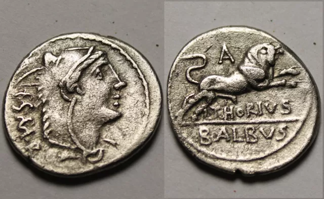 Rare Genuine ancient Roman silver coin 105 BC L Thorius Balbus Juno Sospita/Bull