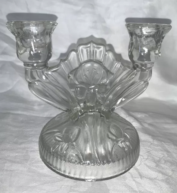 Vintage Jeannette Double Candle Holder Clear Glass Iris Herringbone 6"