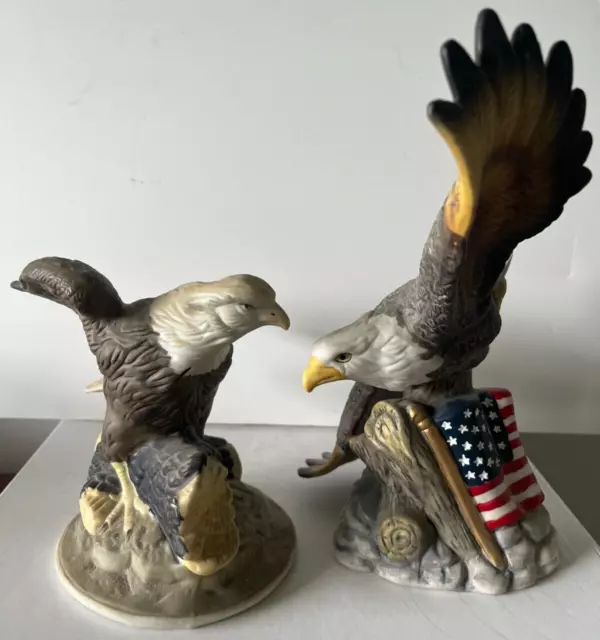 Pair Porcelain Bald Eagles  One with  American Flag Wing Span 9", Other 5"H