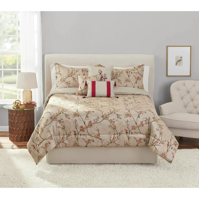 Mainstays 7-Piece Cherry Blossom Jacquard Comforter Set, Red/Tan, Full/Queen