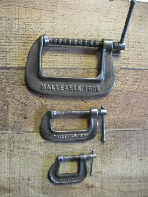 3 - Vintage MALLEABLE IRON C Clamps  1" - 2" - 3"