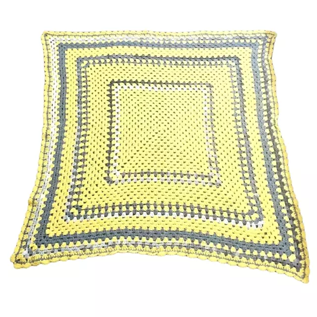 Hand Crocheted Blanket Afghan Lap Throw Grey Yellow White Square 42" × 42"