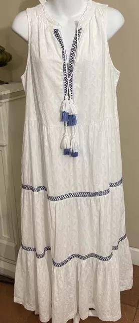 Tommy Bahama Cotton-Voile Embroidered Maxi Dress Tassels White And Blue