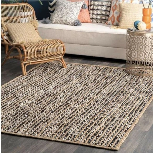 Black White Cotton Jute Hand Braided Rectangle Mats Living Room Area Rug Carpet