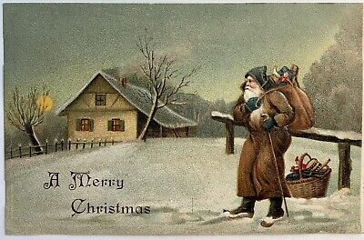 Christmas Antique Postcard Brown Coat Santa Embossed Toys Staff Snow House Doll