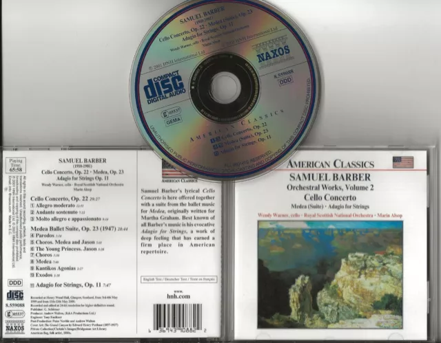 BARBER Orchestral Works Volume 2 cd Cello Concerto Medea & Adagio 2001 Naxos