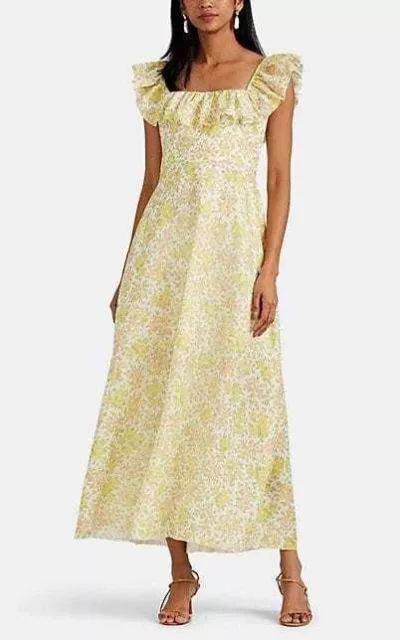 Zimmermann GOLDIE Ruffled Floral Print Linen Midi Dress in Yellow size 0