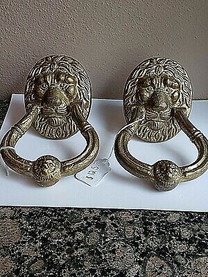 PAIR (2) VTG MATCHING SOLID BRASS DOUBLE LIONS HEAD DOOR KNOCKERS w/HARDWARE