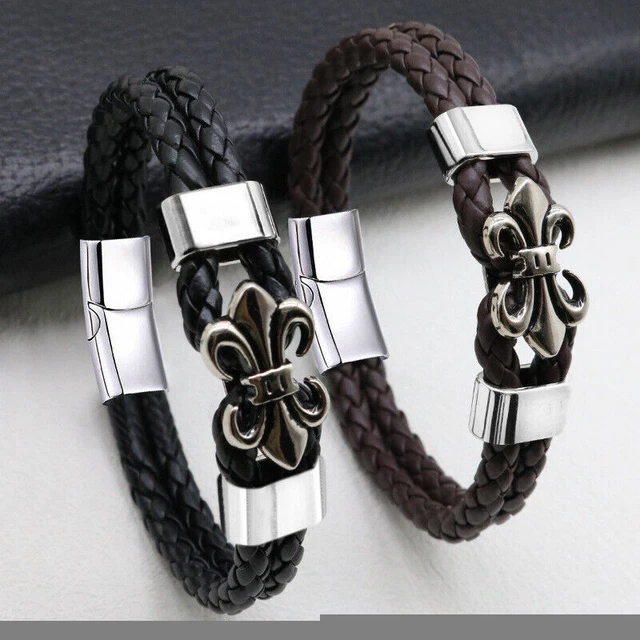 Nueva Aleación Acero Inoxidable Pulsera de Cuero Imán Hebilla Tejida Pulsera