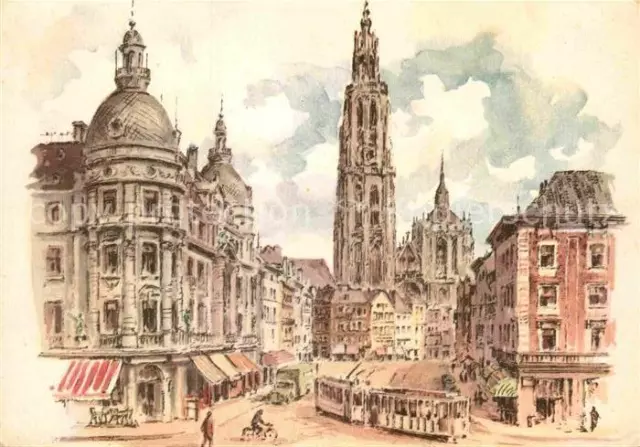 72906897 Antwerpen Anvers Cathedrale Notre Dame Kuenstlerkarte Strassenbahn Antw